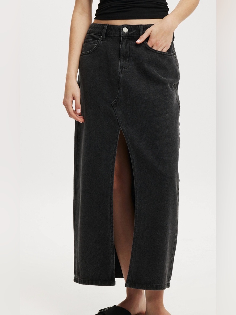 Cotton On Bailey Denim Maxi Skirt Graphite Black Front Thigh Slit Sz 8